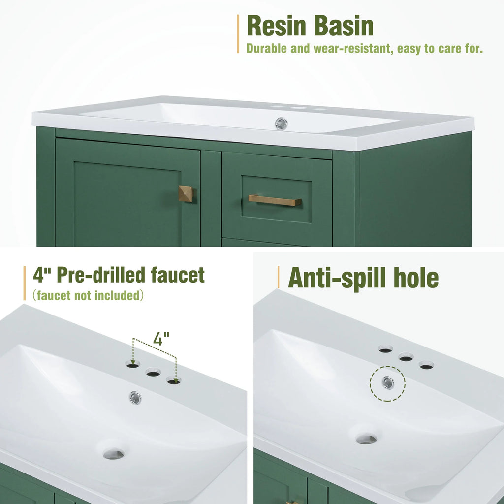 30" Green Solid Wood Bathroom Vanity with Top Basin and 3 Drawers D3415