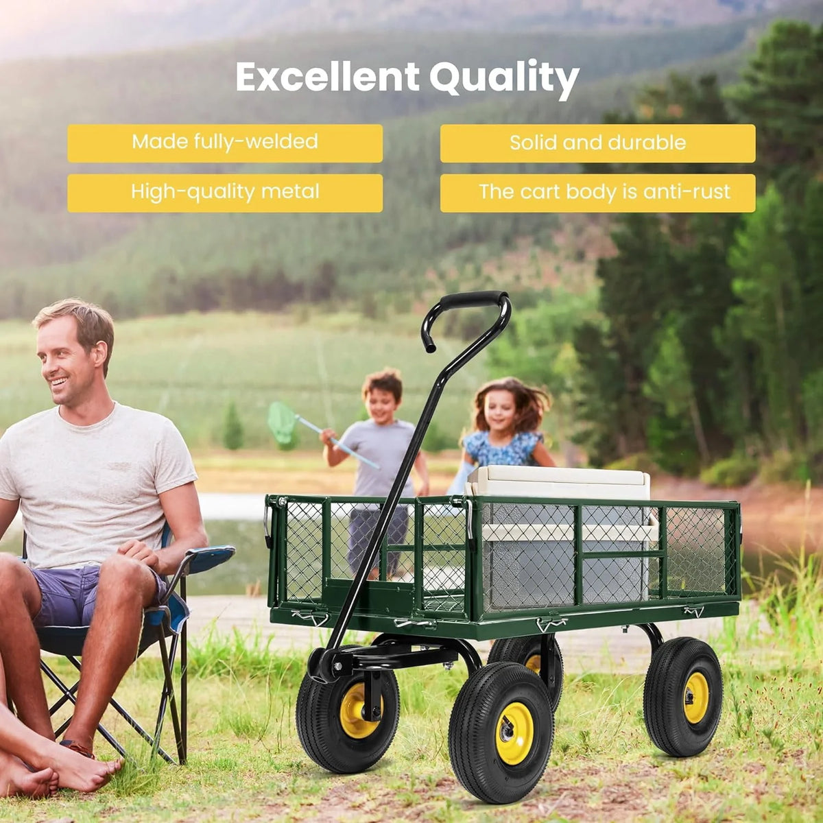 Mesh Steel Garden Cart 880 lbs Folding Utility Wagon with 10 Inch Wheels, Red B509521