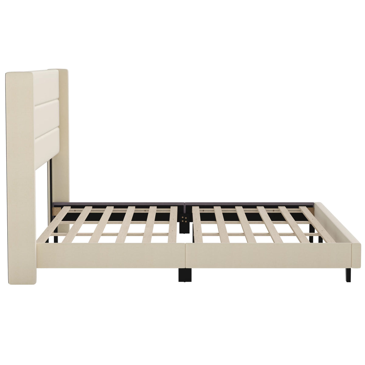 King Platform Bed with Beige Faux Linen Upholstered Headboard P403