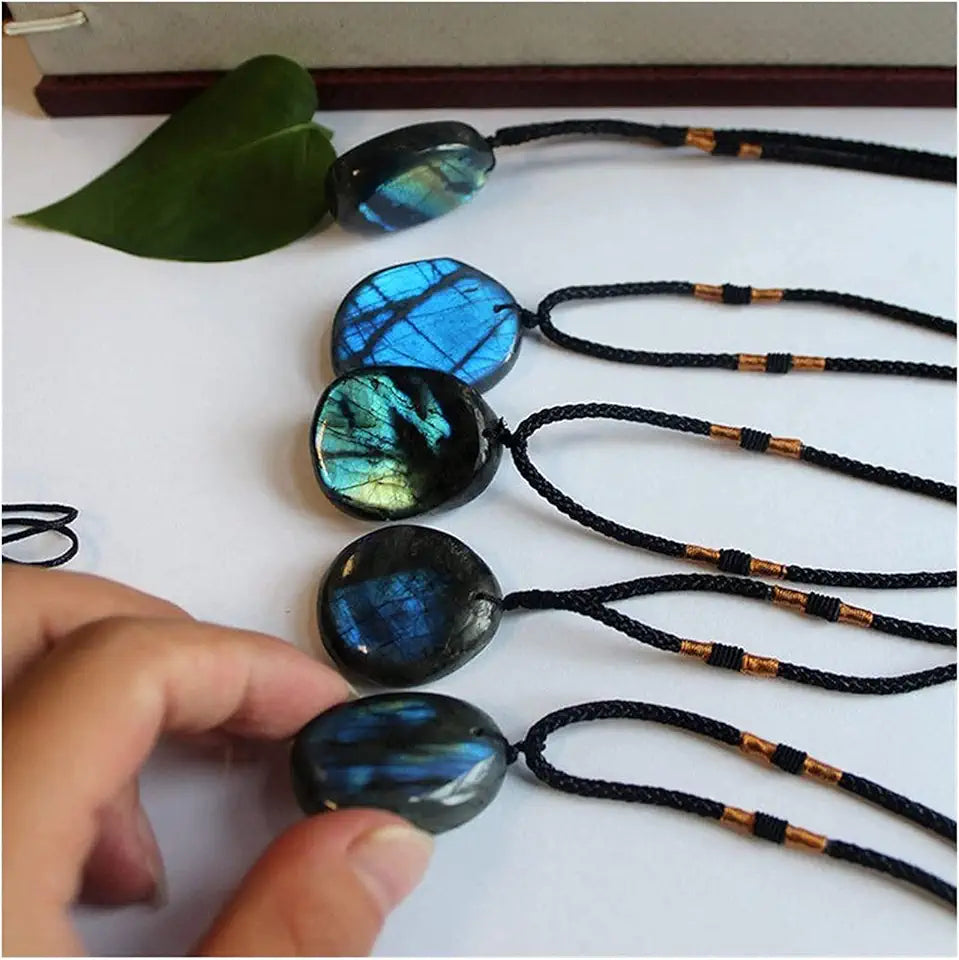 Natural Labradorite Moonstone Polished Drum Stone Quartz Crystal Point Pendant Necklace I69718