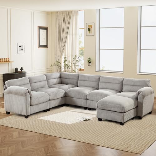 Grey Corduroy L Shaped 6 Seater Sectional Sofa Set Q89745