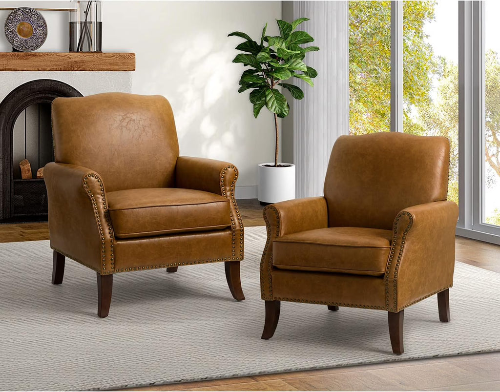 Faux Leather Accent Armchair Set Of 2 with Solid Wood Legs F38918