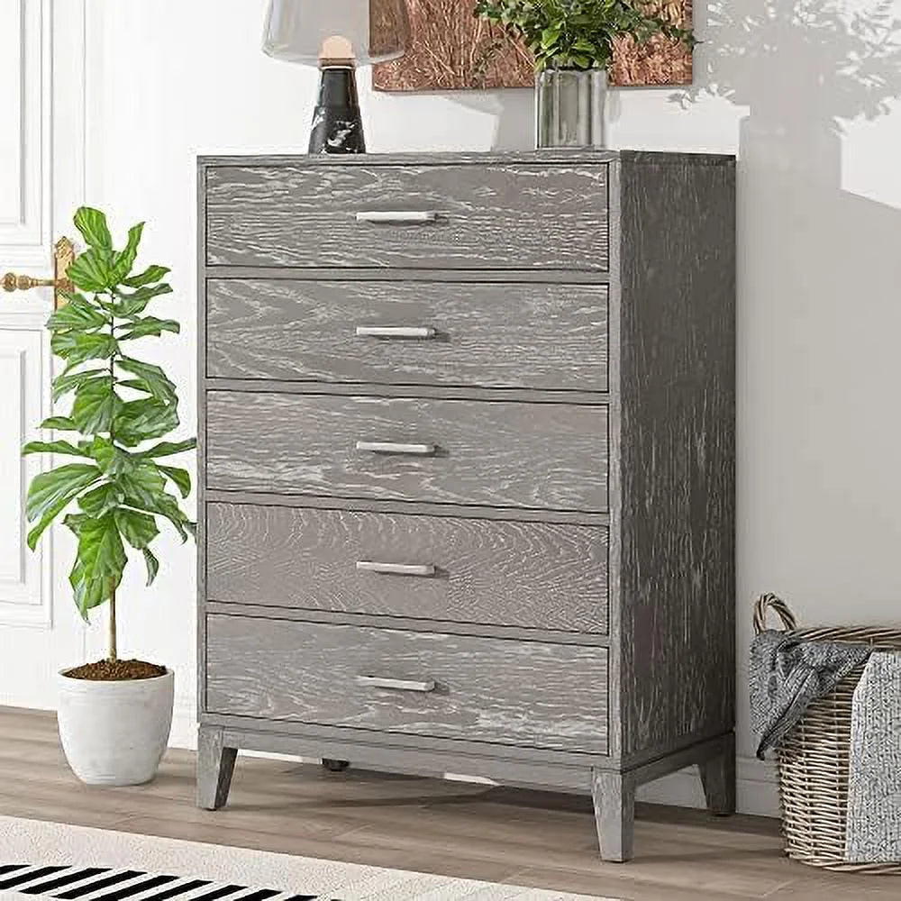 Grey 5-Drawer Dresser Chest of Drawers with Metal Handles O635