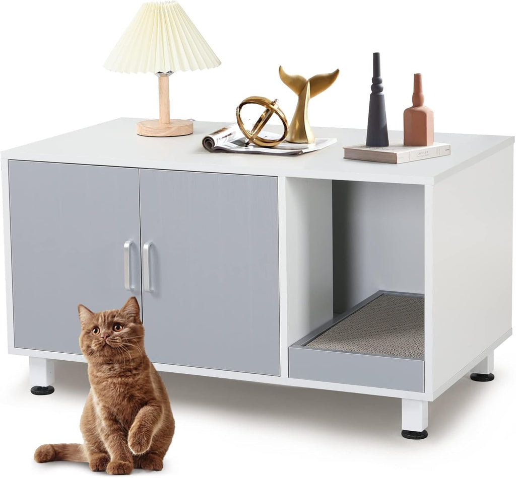 White & Grey Cat Litter Box Furniture Storage Bench Y311288