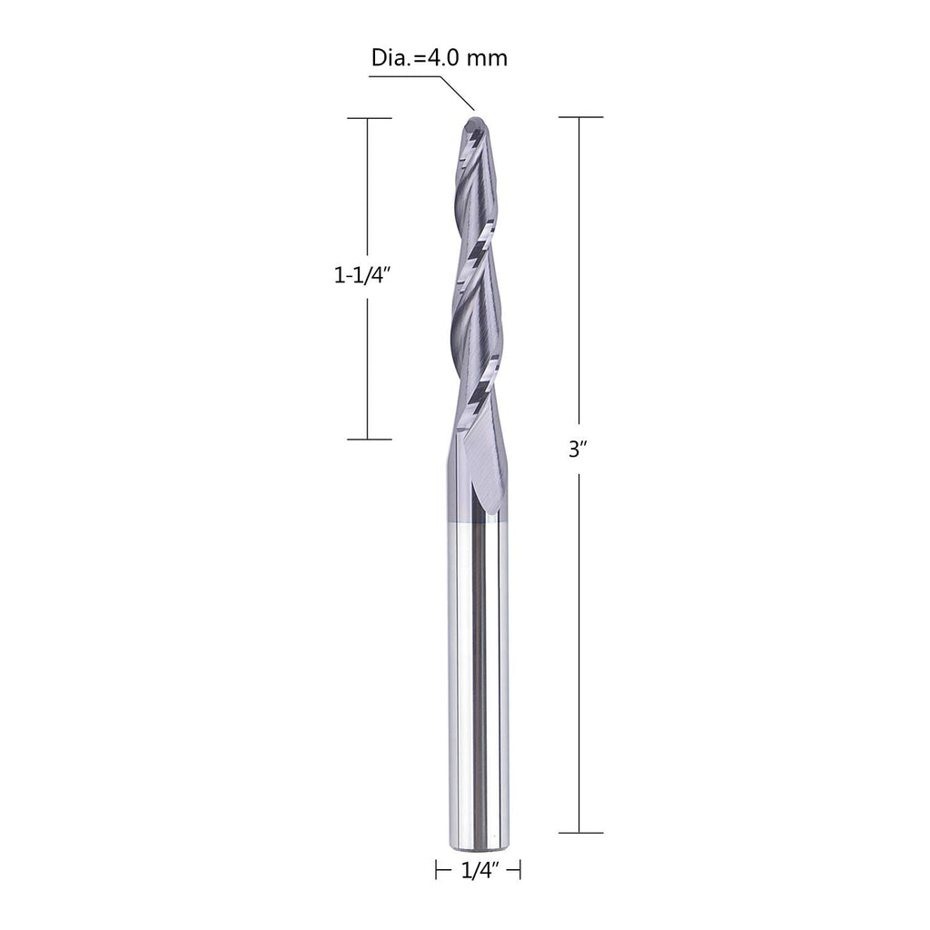 4Pcs Tapered End Mill Set 1/4 Shank 3 OVL Radius 4.0MM Tips Diameter CNC Router Bits Q338