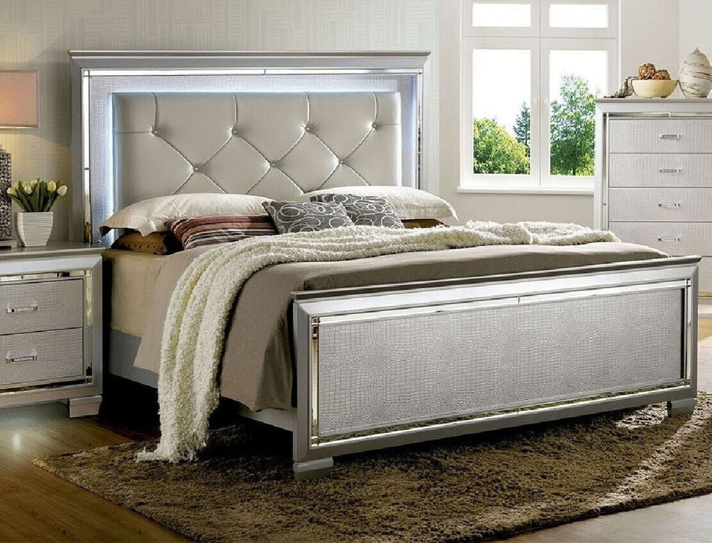 California King Size Bed with Nightstand and Chest Silver Solid Wood Tufted Leatherette T240699