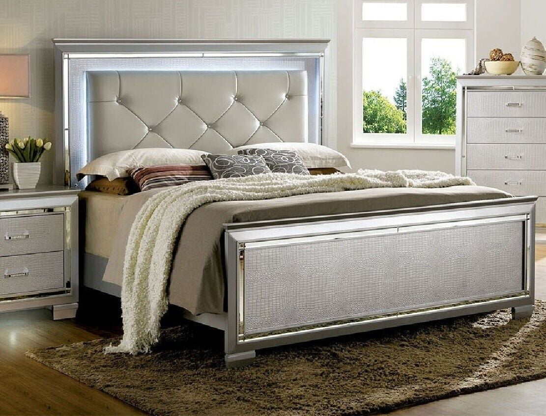 California King Size Bed with Nightstand and Chest Silver Solid Wood Tufted Leatherette T240699
