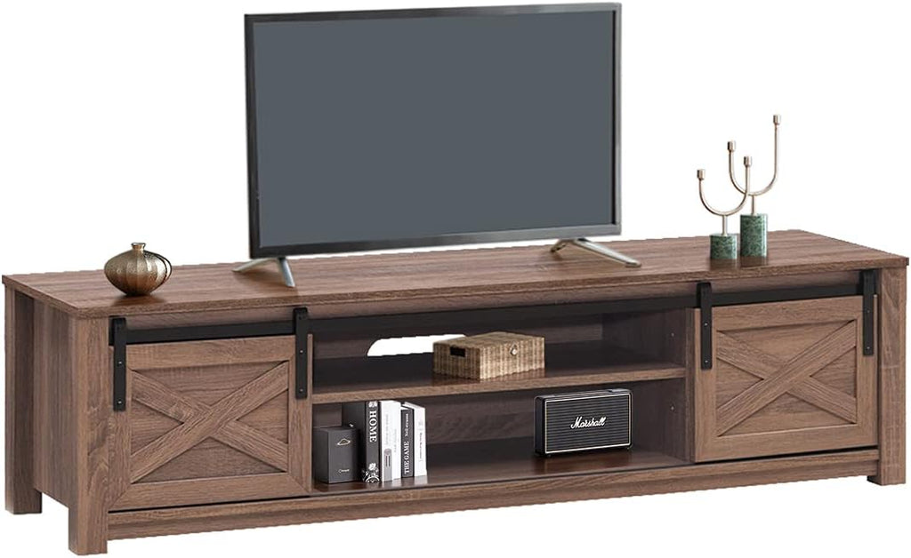 Brown Wooden TV Stand with Storage Cabinet & Sliding Barn Doors H10092