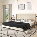 King Platform Bed with Beige Faux Linen Upholstered Headboard P403