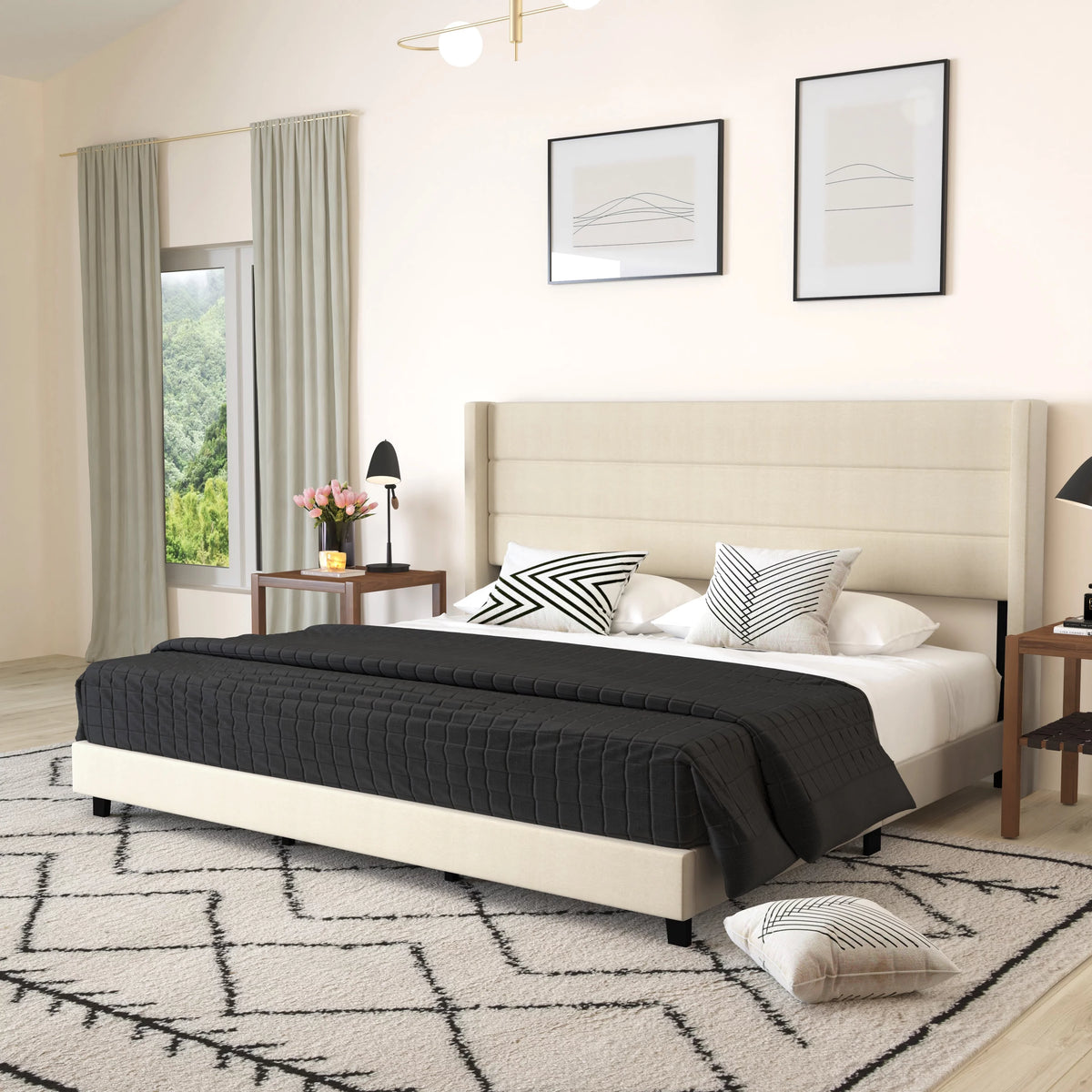King Platform Bed with Beige Faux Linen Upholstered Headboard P403