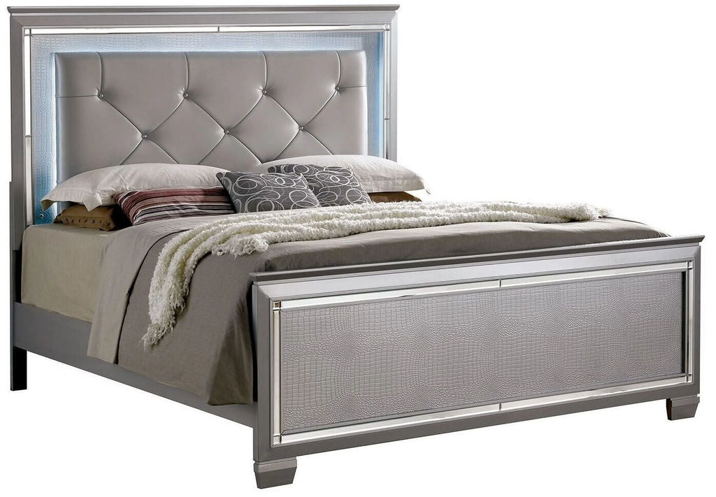 California King Size Bed with Nightstand and Chest Silver Solid Wood Tufted Leatherette T240699