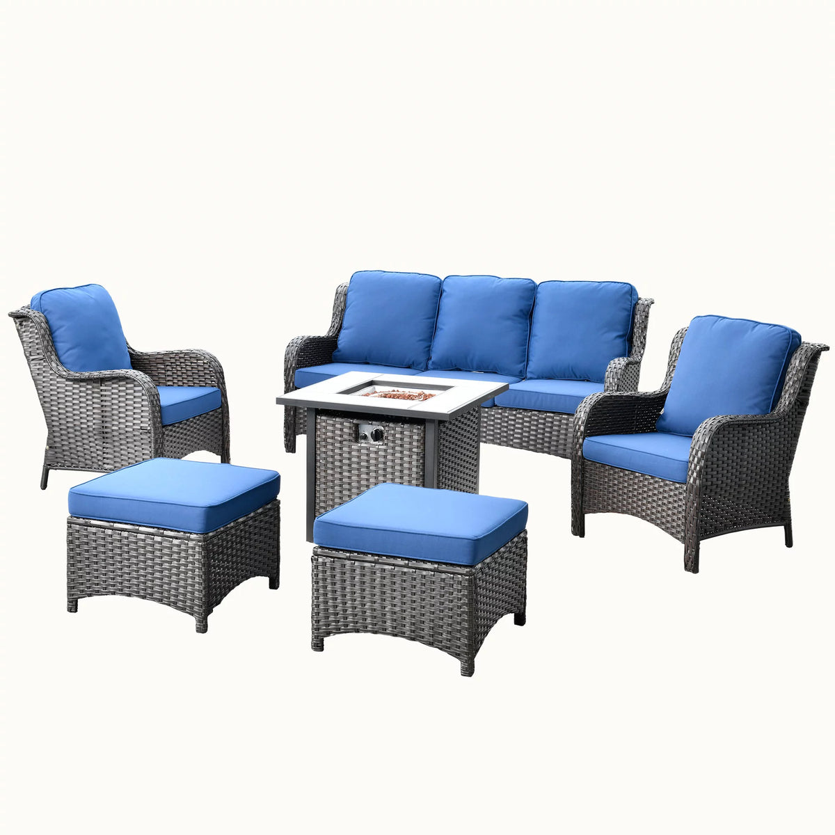 Brown 6 Pieces Outdoor Sectional Sofa with Gas Fire Pit R3401