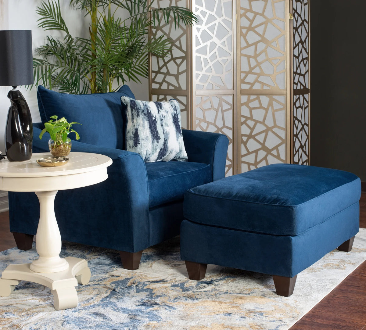 Navy Blue Fabric Pillowback Armchair with Ottoman Set Z5723
