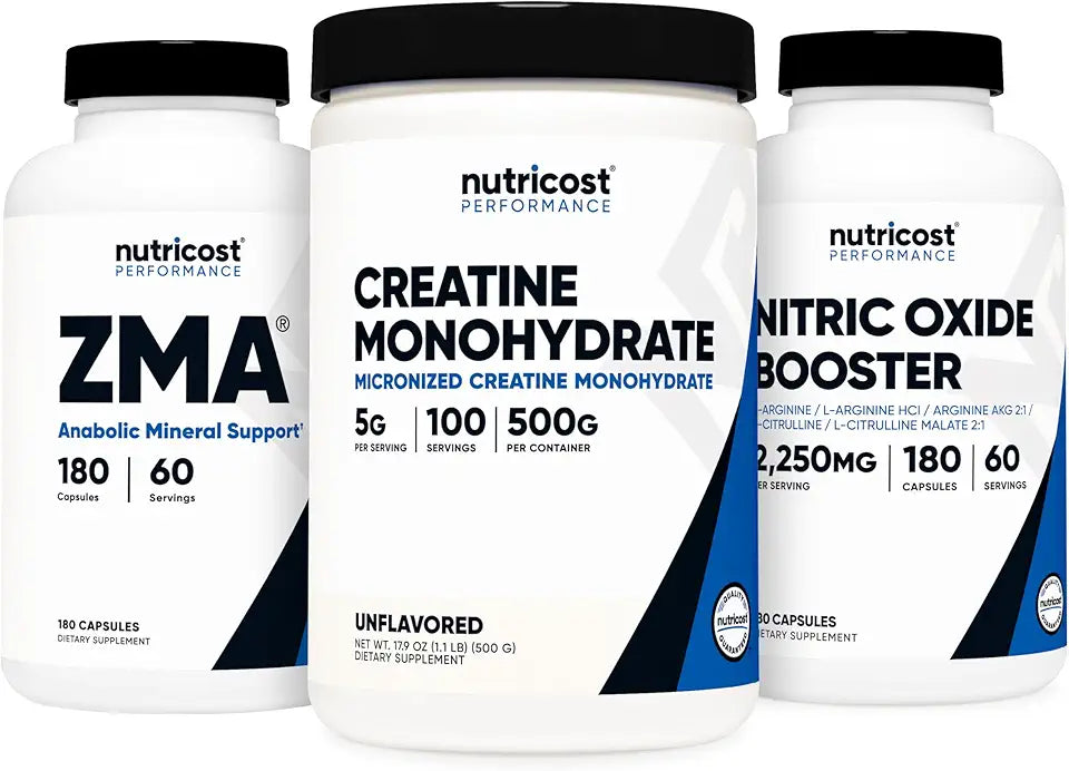 Creatine 500 Grams, Nitric Oxide 180 Capsules, and ZMA 180 Capsules V4272