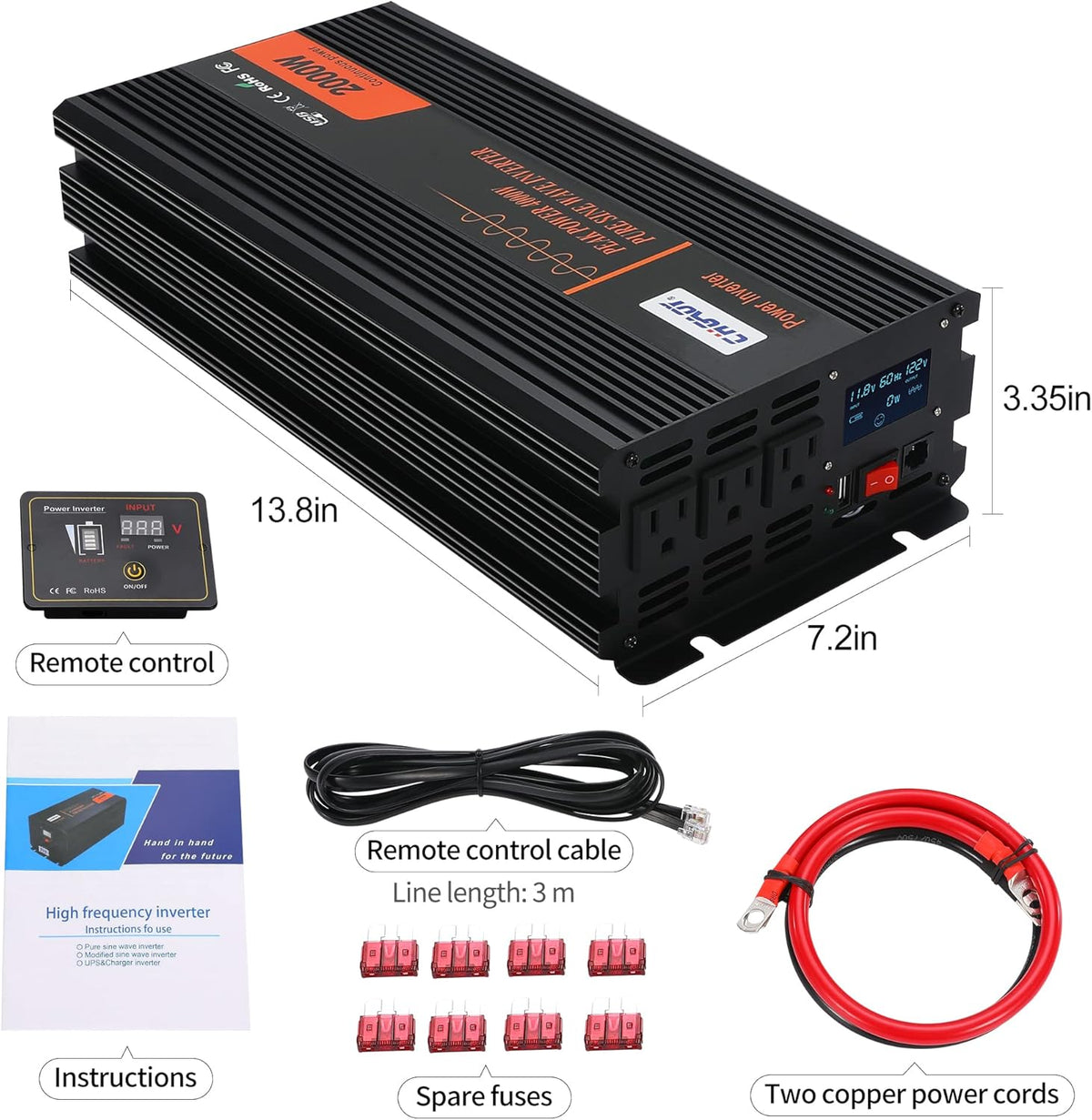 2000W Pure Sine Wave Power Inverter DC 12V to AC 120V with LCD Display Remote Control USB Port V4725