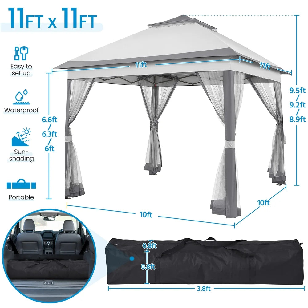 11x11 FT Pop-Up Gazebo with 4 Mesh Sidewalls, Light Gray F874