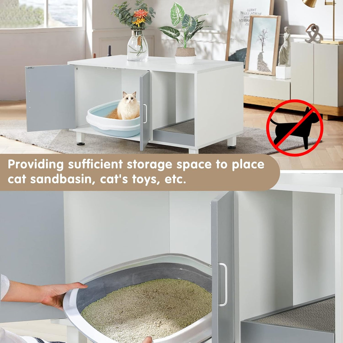 White & Grey Cat Litter Box Furniture Storage Bench Y311288