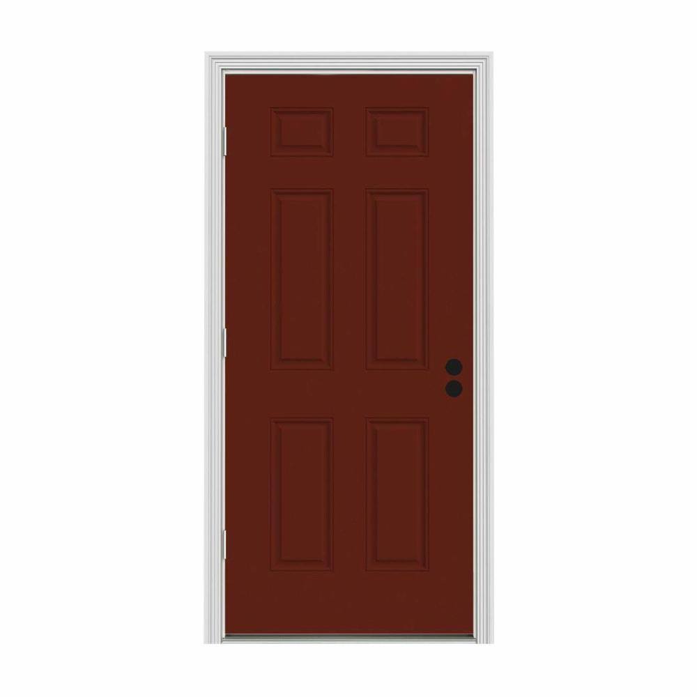 32 in. x 80 in. 6-Panel Red Painted Steel Prehung Right-Hand Outswing Front Door with Brickmould F6226