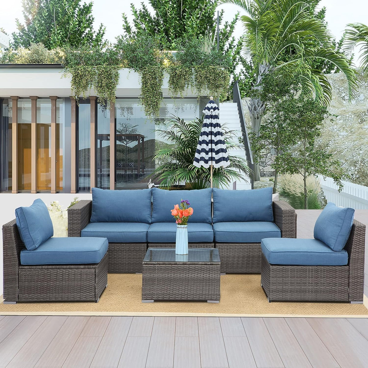 6 Pcs Outdoor Wicker Rattan Furniture Set with Cushions P80795