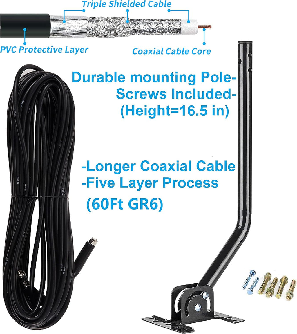 Outdoor TV Antenna with Mount Pole 4K/1080p Reception, 40feet RG6 Coaxial Cable, 360 Degree Rotation Wireless Remote, 2 TVs Function Z3102