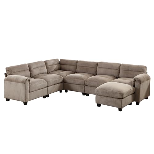 Grey Corduroy L Shaped 6 Seater Sectional Sofa Set Q89745
