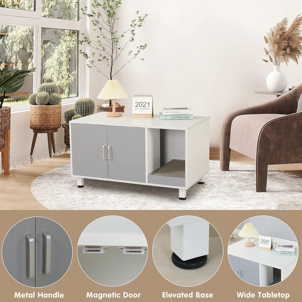 White & Grey Cat Litter Box Furniture Storage Bench Y311288