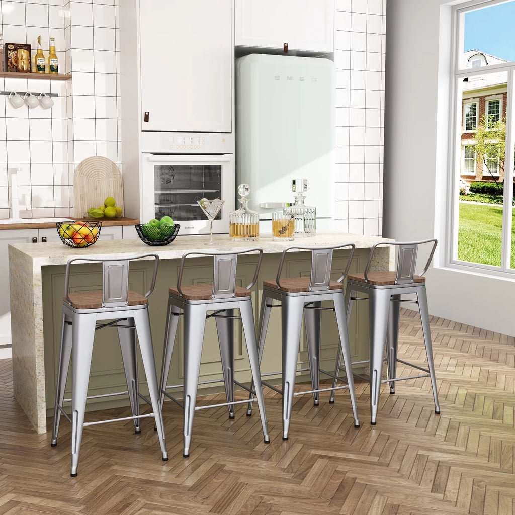 Metal Bar Stools Set of 4 24" Silver Wood Top Low Back X217650