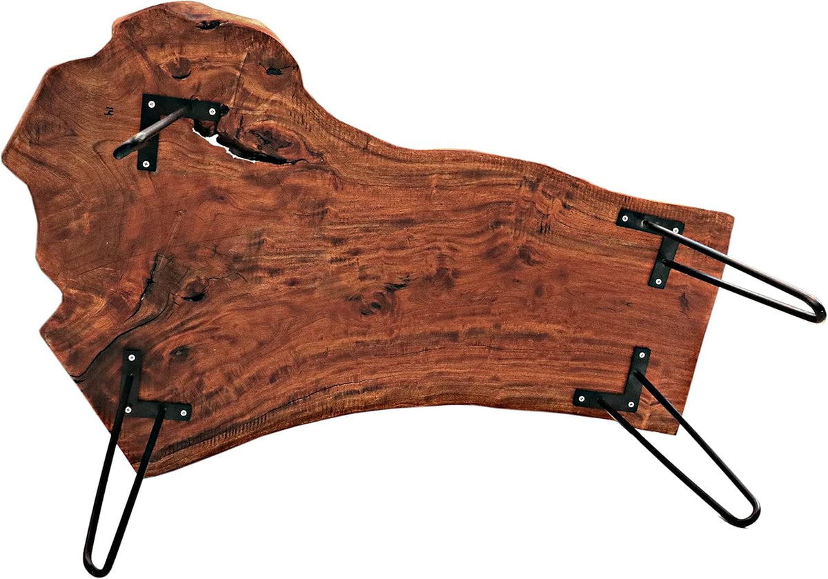 Natural Wood Edge Teak Coffee Table with Clear Lacquer Finish and Metal Hairpin Legs L557186