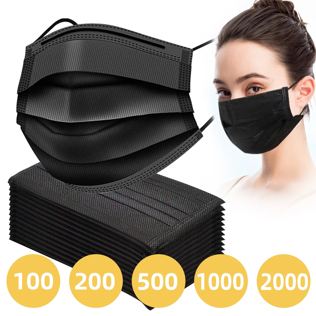 2000 Pack Black 3 Ply Disposable Face Masks M6032