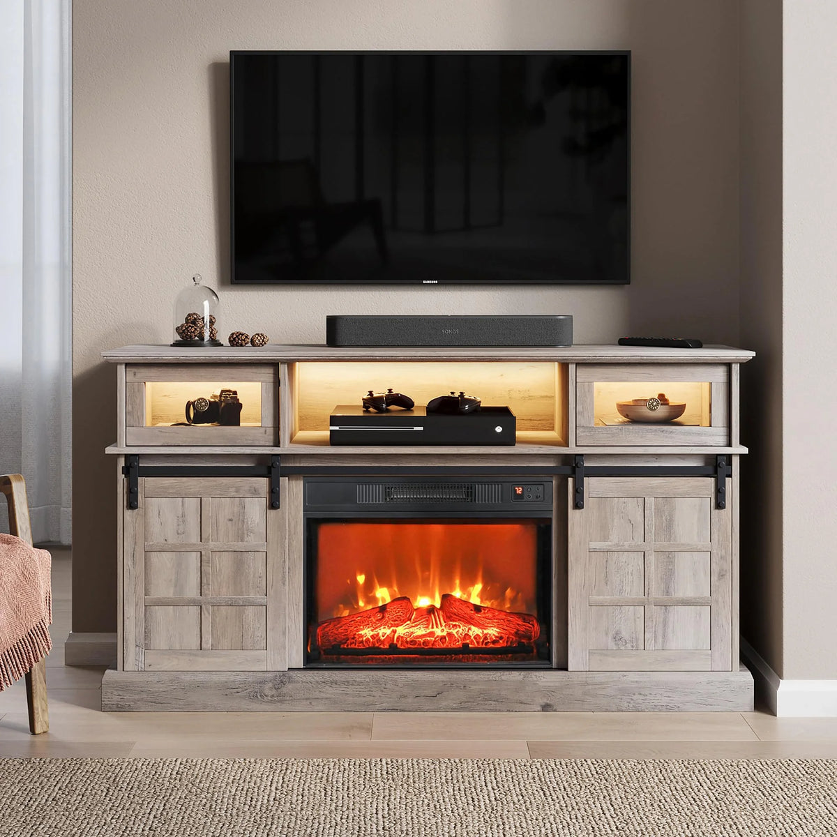 Gray Fireplace TV Stand with 23" Electric Fireplace and Storage Cabinet Y2595