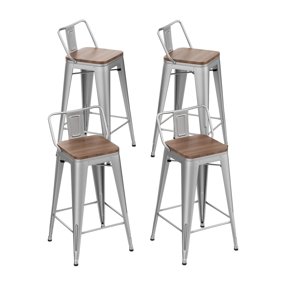 Metal Bar Stools Set of 4 24" Silver Wood Top Low Back X217650