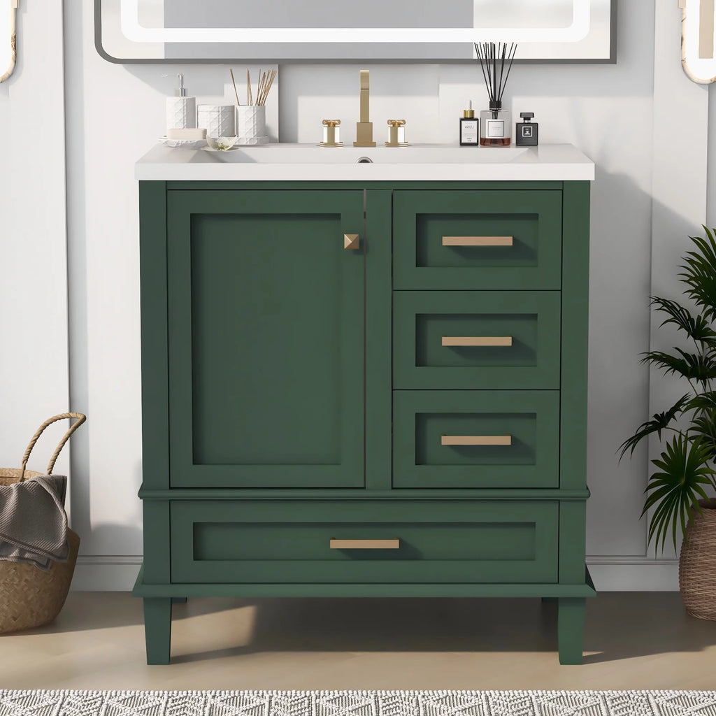 30" Green Solid Wood Bathroom Vanity with Top Basin and 3 Drawers D3415