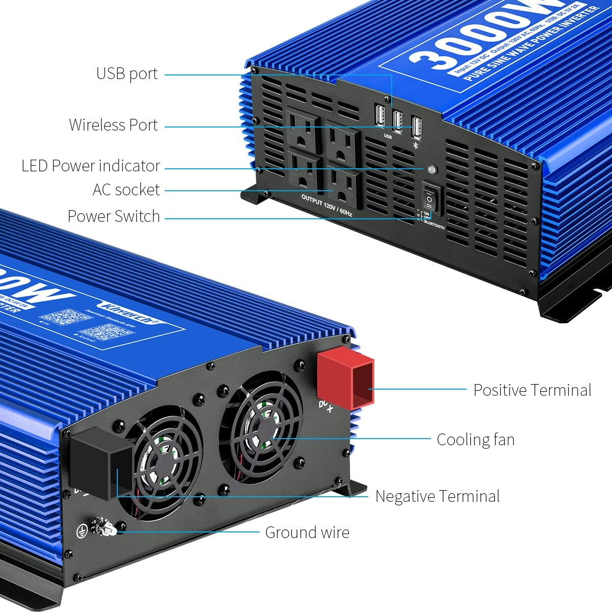 3000W Pure Sine Wave Power Inverter 12V DC to 110V AC Car Inverter with Bluetooth 4 AC Outlets 2 USB Ports X74395