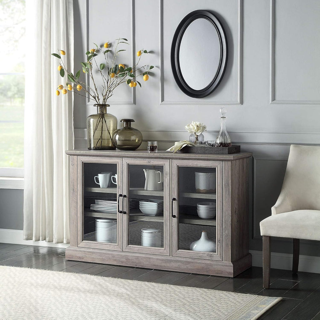 Rustic Grey Wood Sideboard Buffet with Storage Cabinet, Glass Doors, and Adjustable Shelves J691