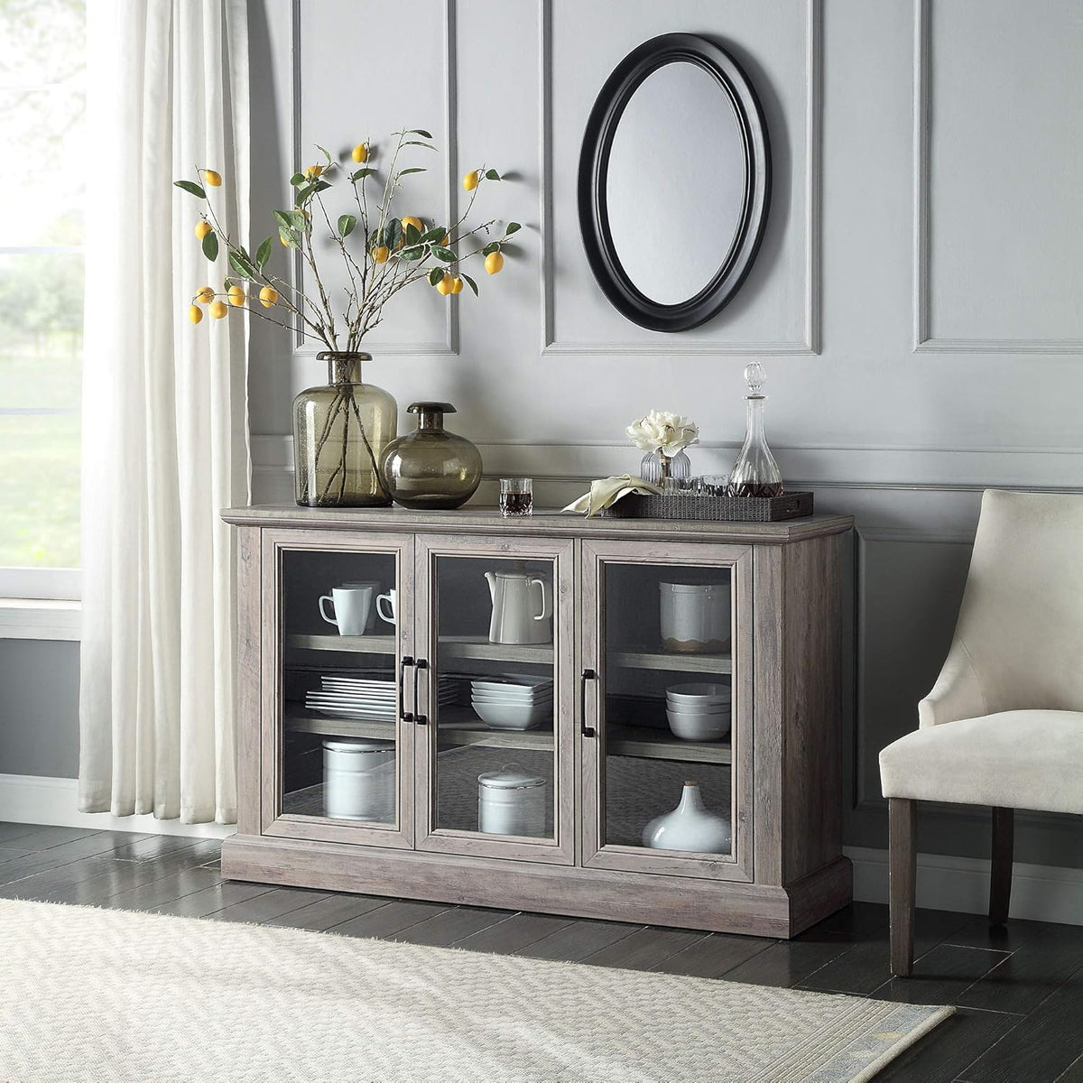 Rustic Grey Wood Sideboard Buffet with Storage Cabinet, Glass Doors, and Adjustable Shelves J691