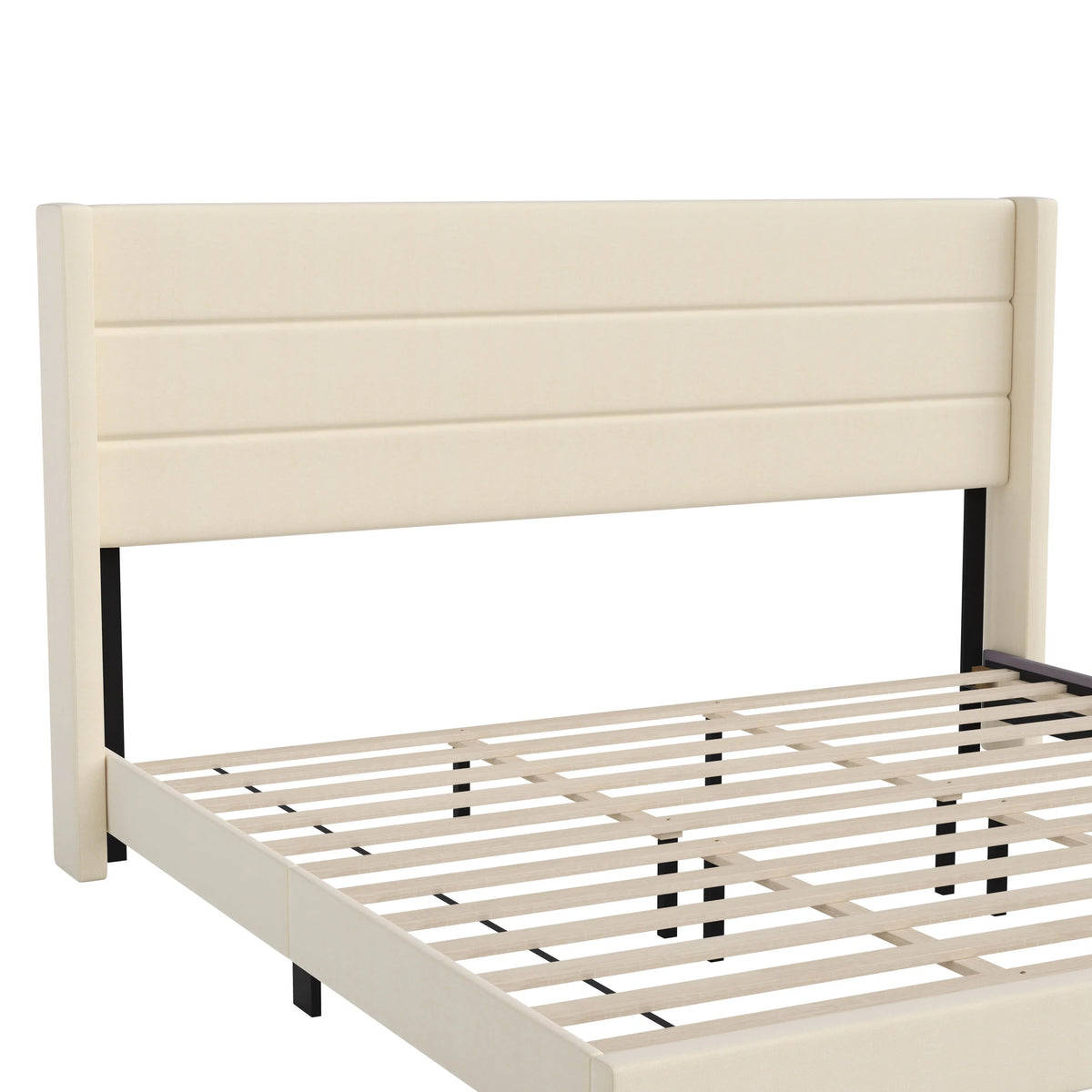 King Platform Bed with Beige Faux Linen Upholstered Headboard P403