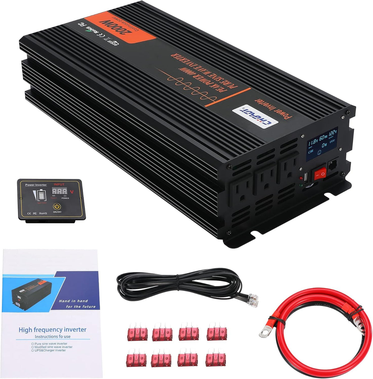 2000W Pure Sine Wave Power Inverter DC 12V to AC 120V with LCD Display Remote Control USB Port V4725