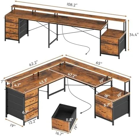 L Shaped Desk with 6 Drawer and File Cabinet L28209