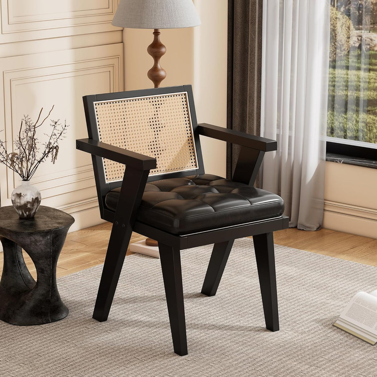 Mid Century Modern Accent Chair with Rattan Backrest and Padded Seat C40143