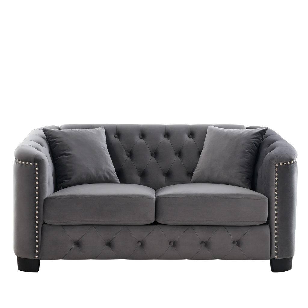 Grey Velvet Small Sofa with 2 Seat Cushions and 2 Throw Pillows U1607