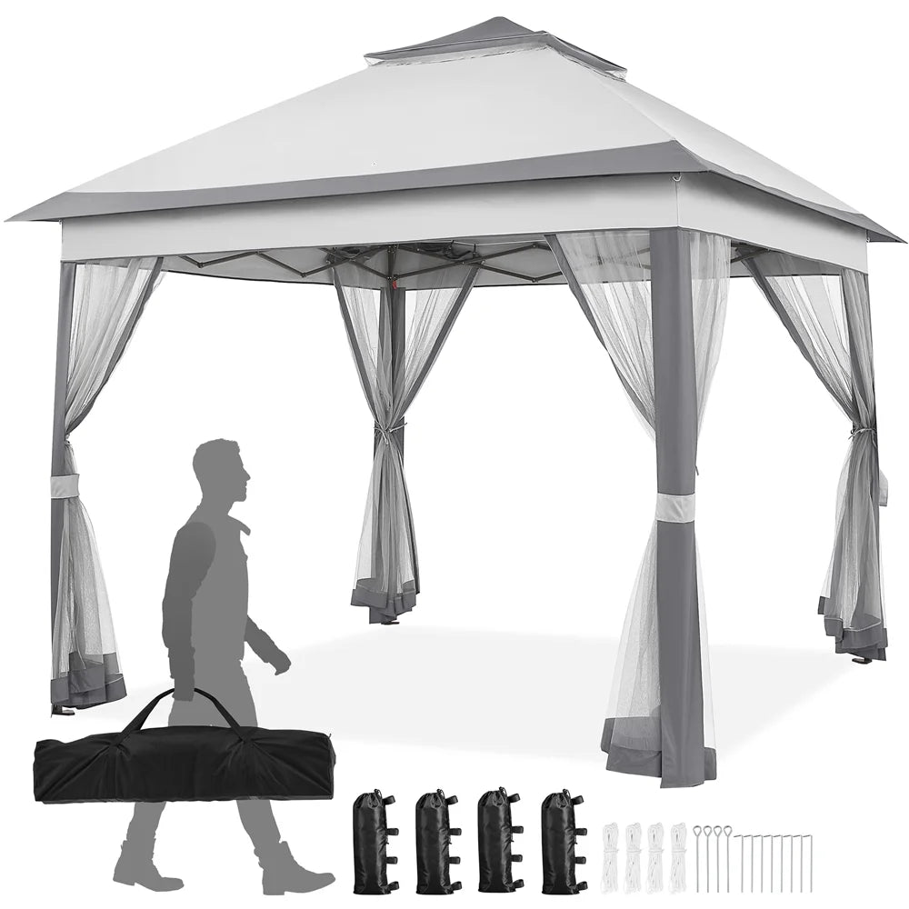 11x11 FT Pop-Up Gazebo with 4 Mesh Sidewalls, Light Gray F874