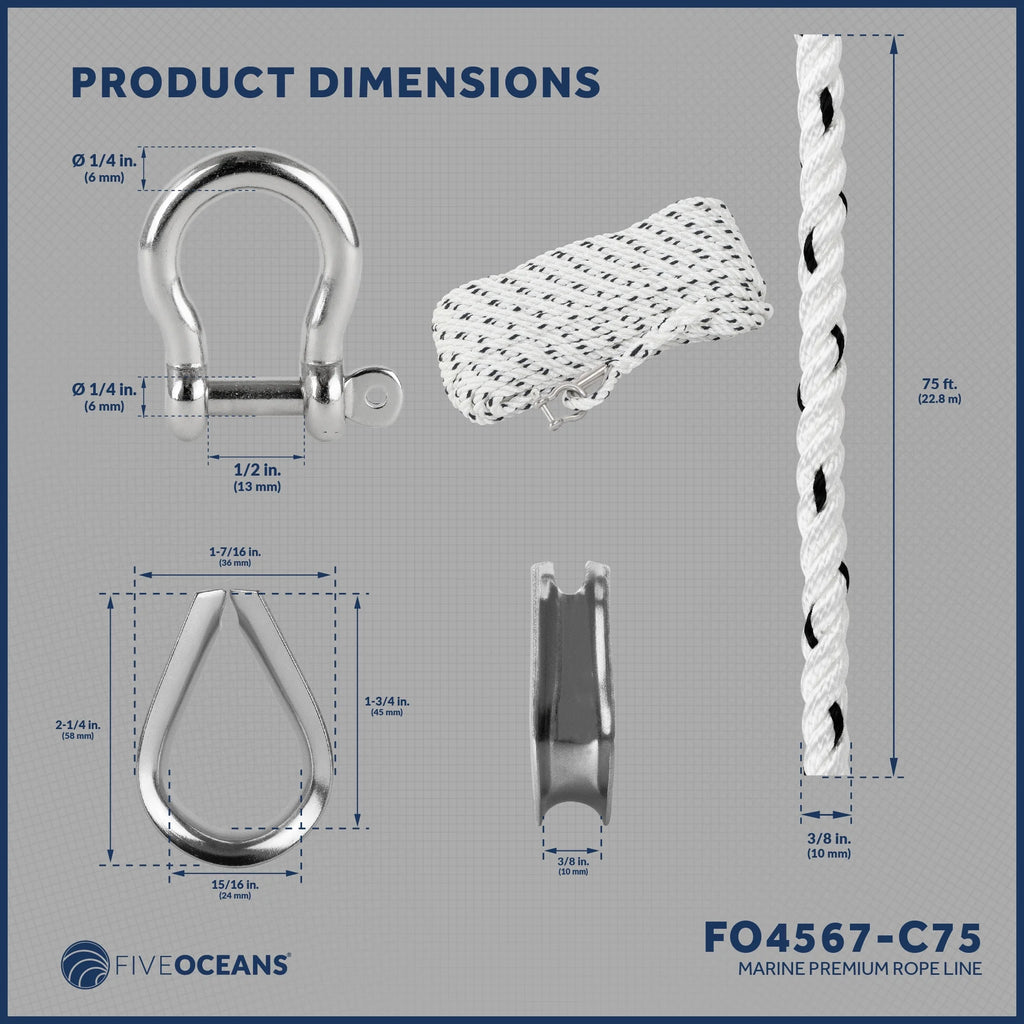 3/8 inch x 75 ft 3-Strand White Nylon Anchor Rope with Stainless Steel Thimble and Schakle Y14597