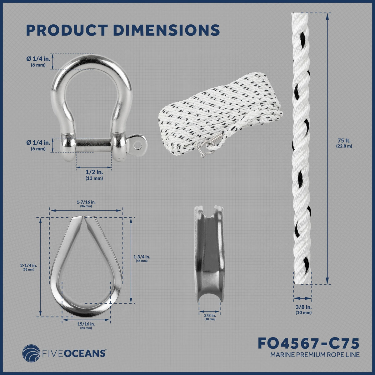 3/8 inch x 75 ft 3-Strand White Nylon Anchor Rope with Stainless Steel Thimble and Schakle Y14597