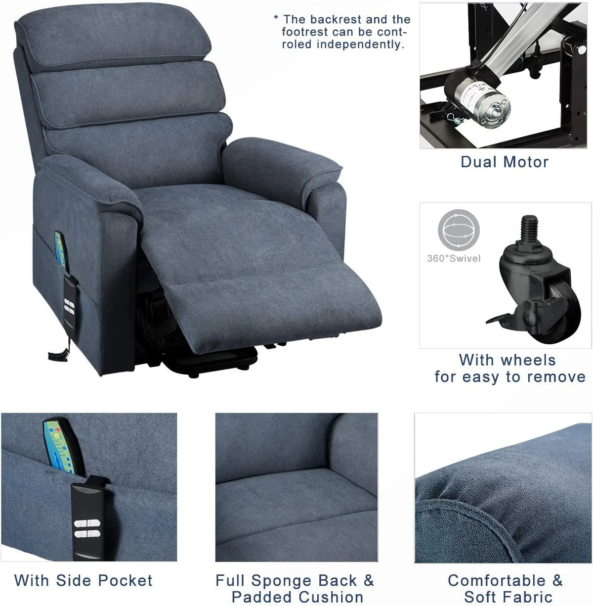 Blue Dual Motor Power Lift Recliner Chair W4408