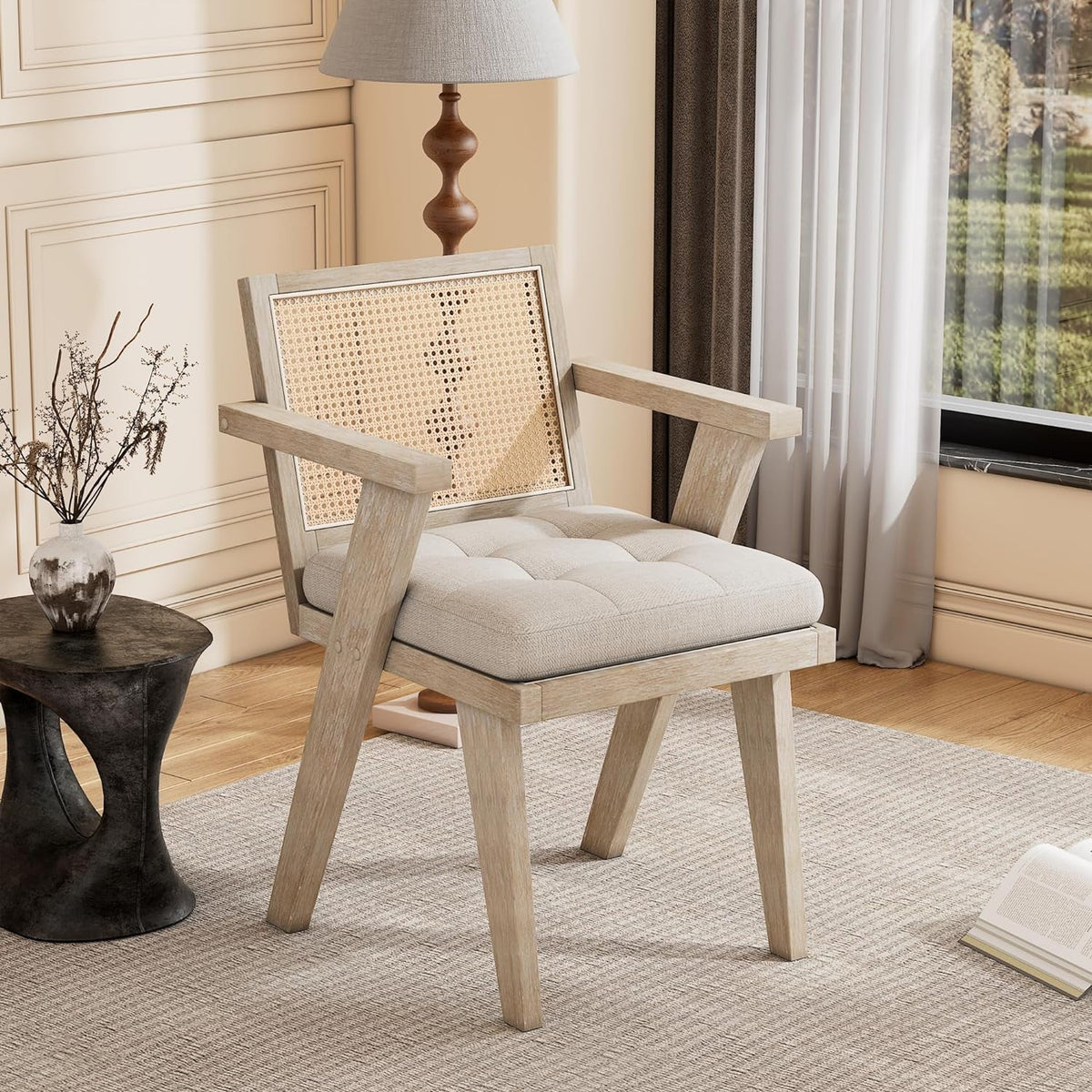 Mid Century Modern Accent Chair with Rattan Backrest and Padded Seat C40143