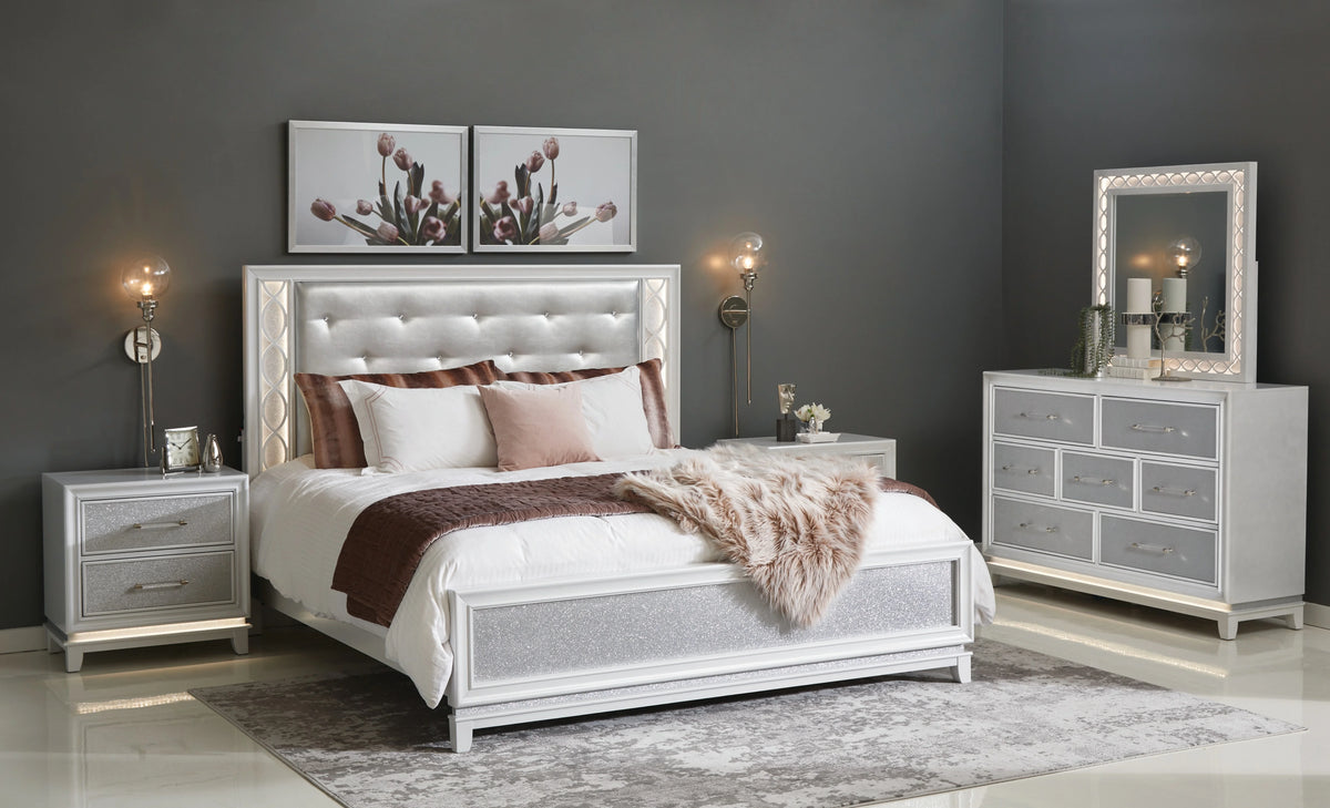 King 5-Piece Bedroom Set with LED Lights, Tufted Bed, Dresser, Mirror, and 2 Nightstands in Pearlized White G268