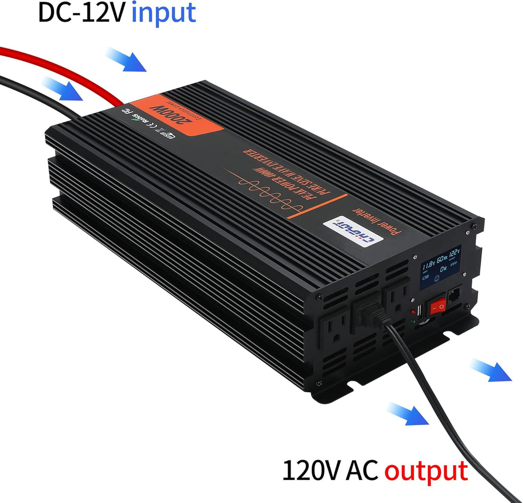 2000W Pure Sine Wave Power Inverter DC 12V to AC 120V with LCD Display Remote Control USB Port V4725