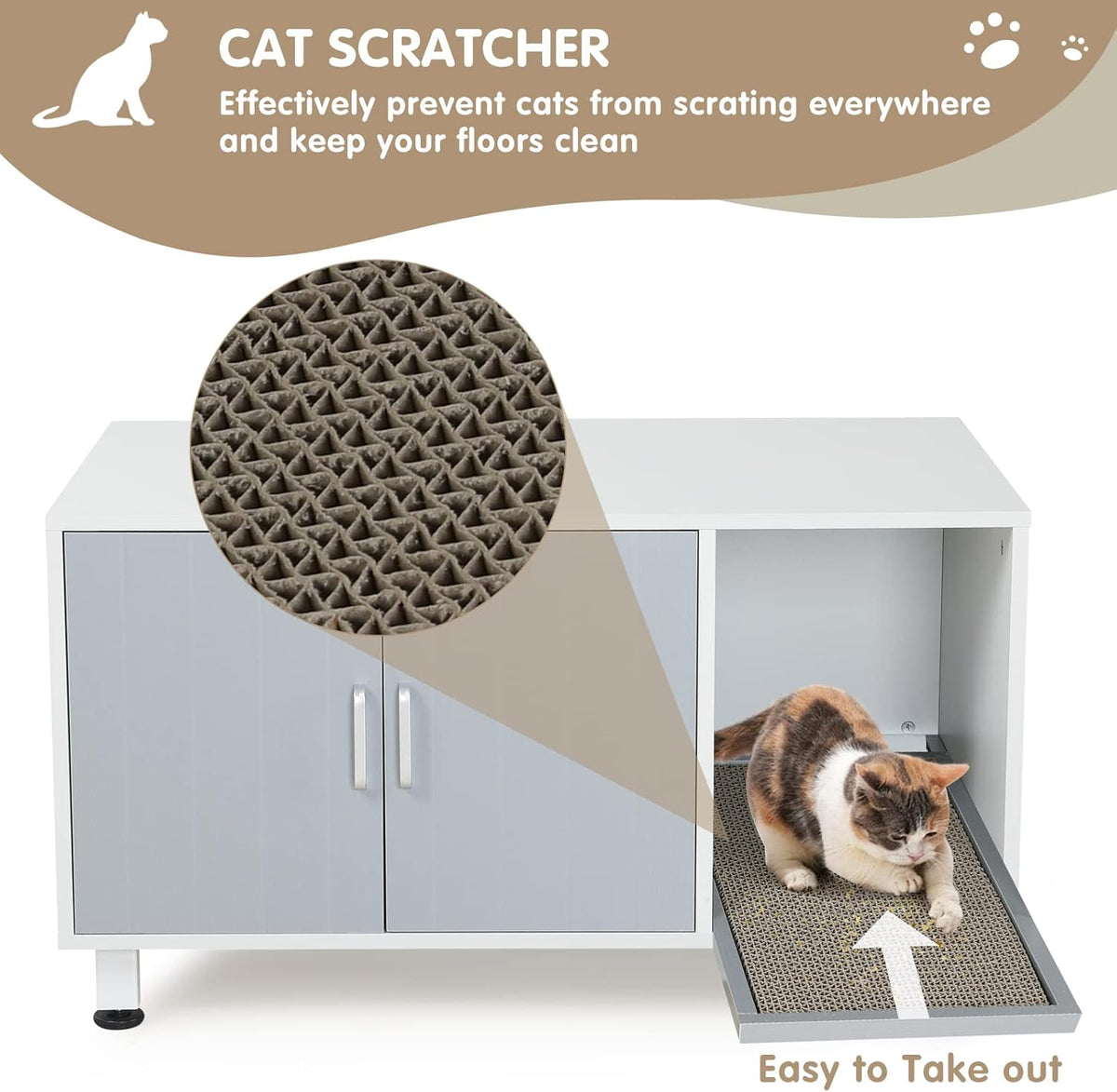 White & Grey Cat Litter Box Furniture Storage Bench Y311288