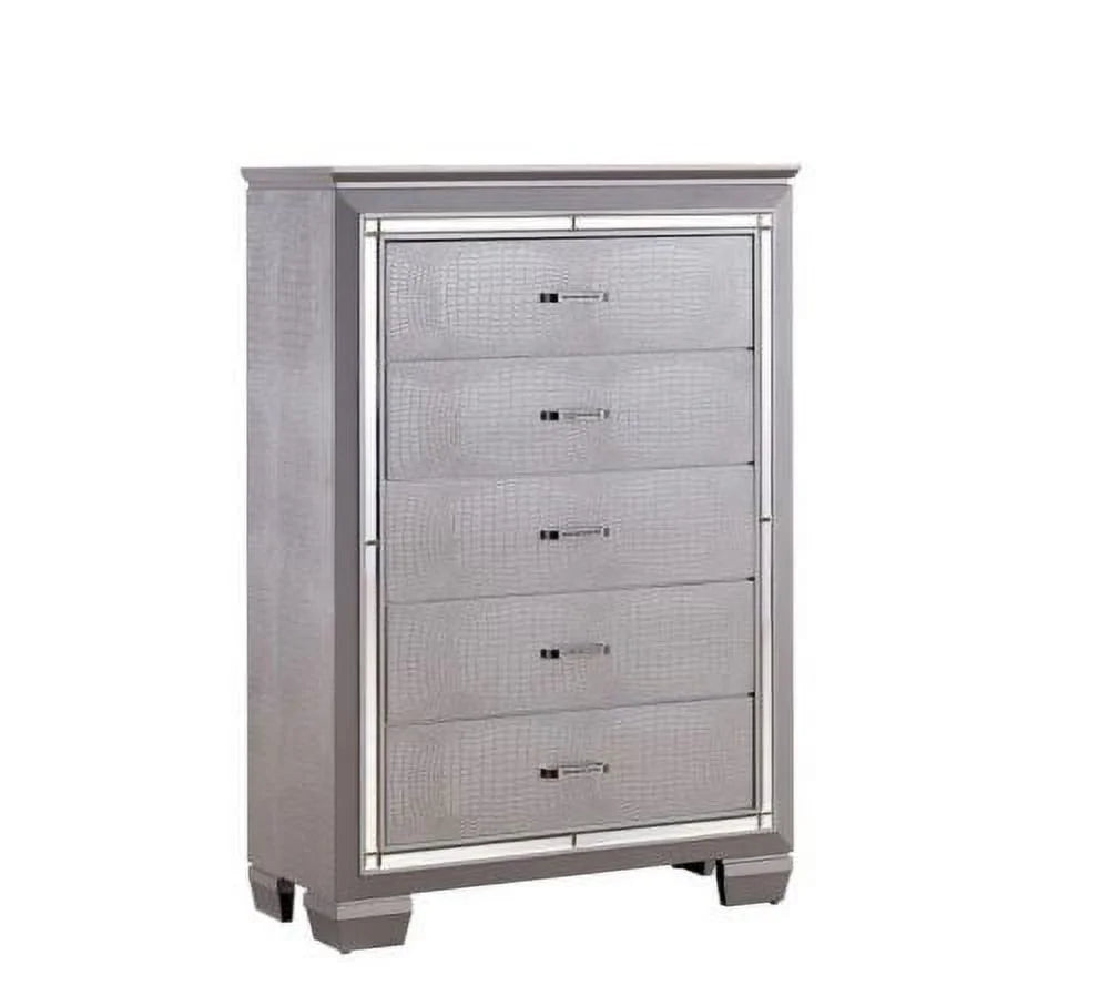 California King Size Bed with Nightstand and Chest Silver Solid Wood Tufted Leatherette T240699