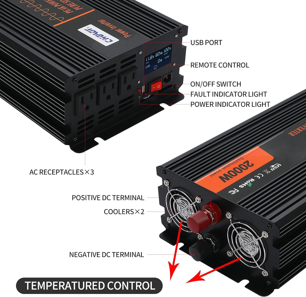 2000W Pure Sine Wave Power Inverter DC 12V to AC 120V with LCD Display Remote Control USB Port V4725